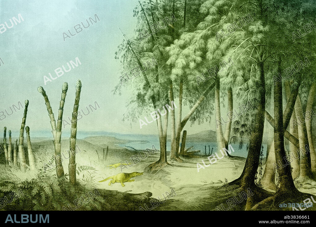 Colour enhanced illustration of a Triassic landscape. The oldest period of the Mesozoic Era. The Triassic encompasses a time frame between about 252 and 201 million years ago that was named for the threefold division of rocks at its type locality in central Germany, where continental redbeds and evaporites are separated by a marine limestone. Characterized by the diversification of land life, the rise of dinosaurs, and the appearance of the earliest mammals. Illustration originally captioned: Triassic (Keuper) landscape by Franz Unger, 1916. This image has been colour enhanced.