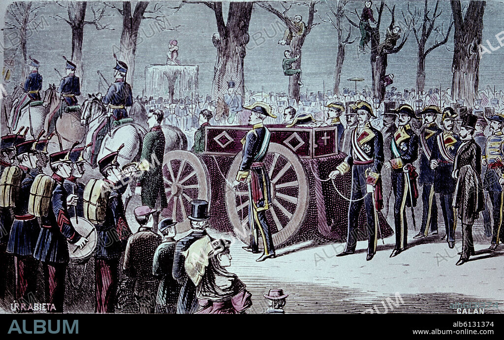 VICENTE URRABIETA ORTIZ (?-1879). CONDUCCION DEL CADAVER DE LEOPOLDO O'DONNELL A LA BASILICA DE ATOCHA - SIGLO XIX.