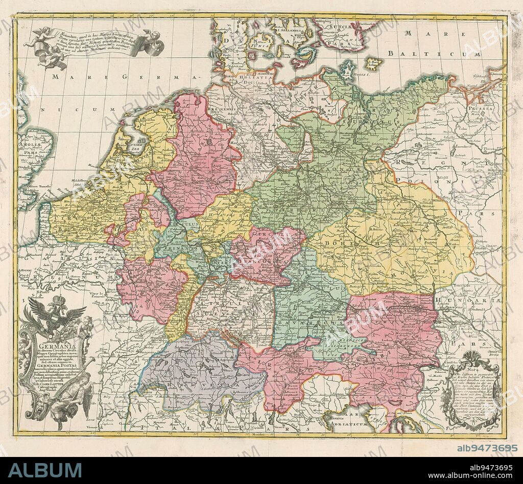 Map of Germany, Germania in decem circulos divisa. Mappa geographica nova (...) (title on object), print maker: anonymous, publisher: Tobias Conrad Lotter, (mentioned on object), Augsburg, 1757 - 1777, paper, engraving, height 479 mm × width 559 mm.