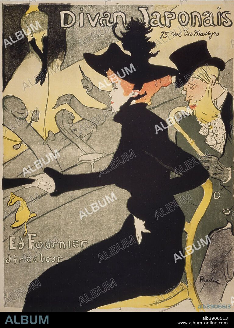 HENRI DE TOULOUSE-LAUTREC. Divan Japonais. Date/Period: 1893. Prints-Posters. Crayon, brush, spatter and transferred screen lithograph, printed from four stones in olive-green, red, yellow and black. Height: 810 mm (31.88 in); Width: 623 mm (24.52 in).