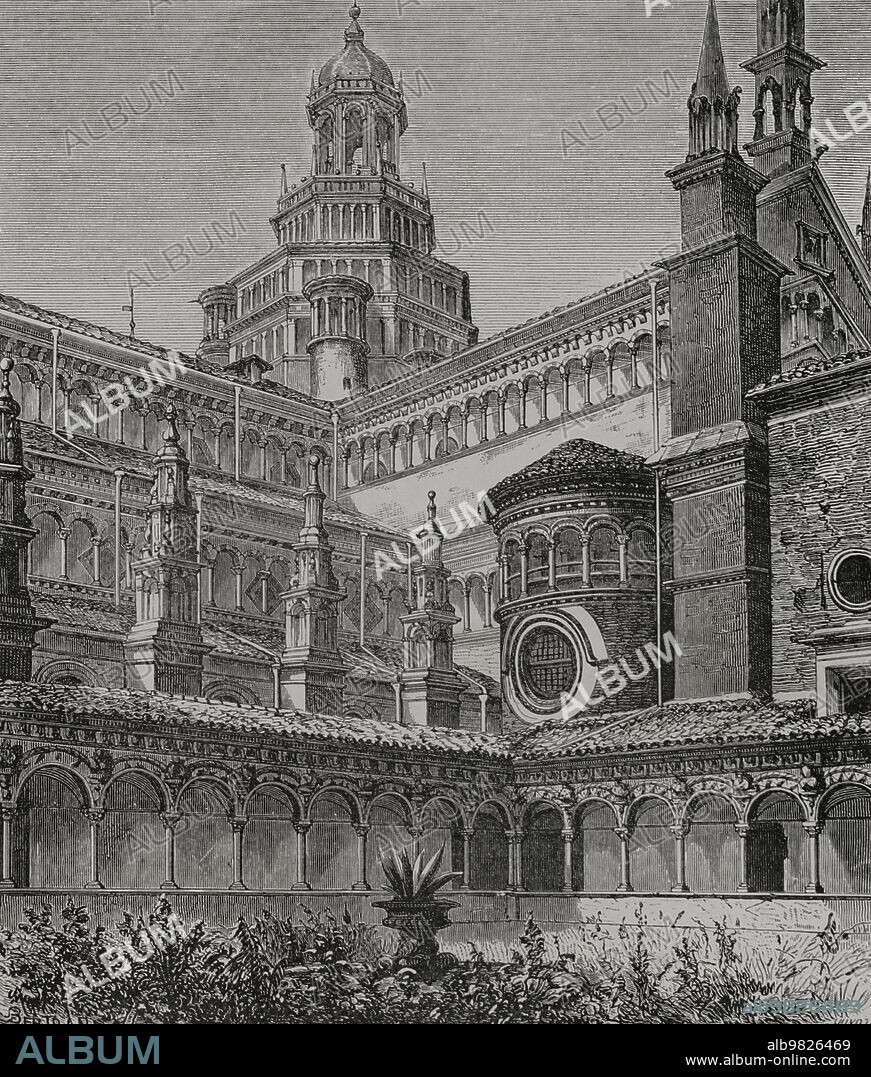 Italia. Cartuja de Pavía. Claustro pequeño. Grabado por Bertrand y Huyot. "Vie Militaire et Religieuse au Moyen Age et à l'Epoque de la Renaissance". París, 1877.