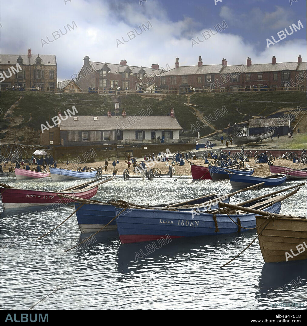 Magic Lantern slide circa 1880, Victorian/Edwardian, social history. Cullercoats Bay with coble fishing boats and people on the beach; Cullercoats, Tyne and Wear, England.