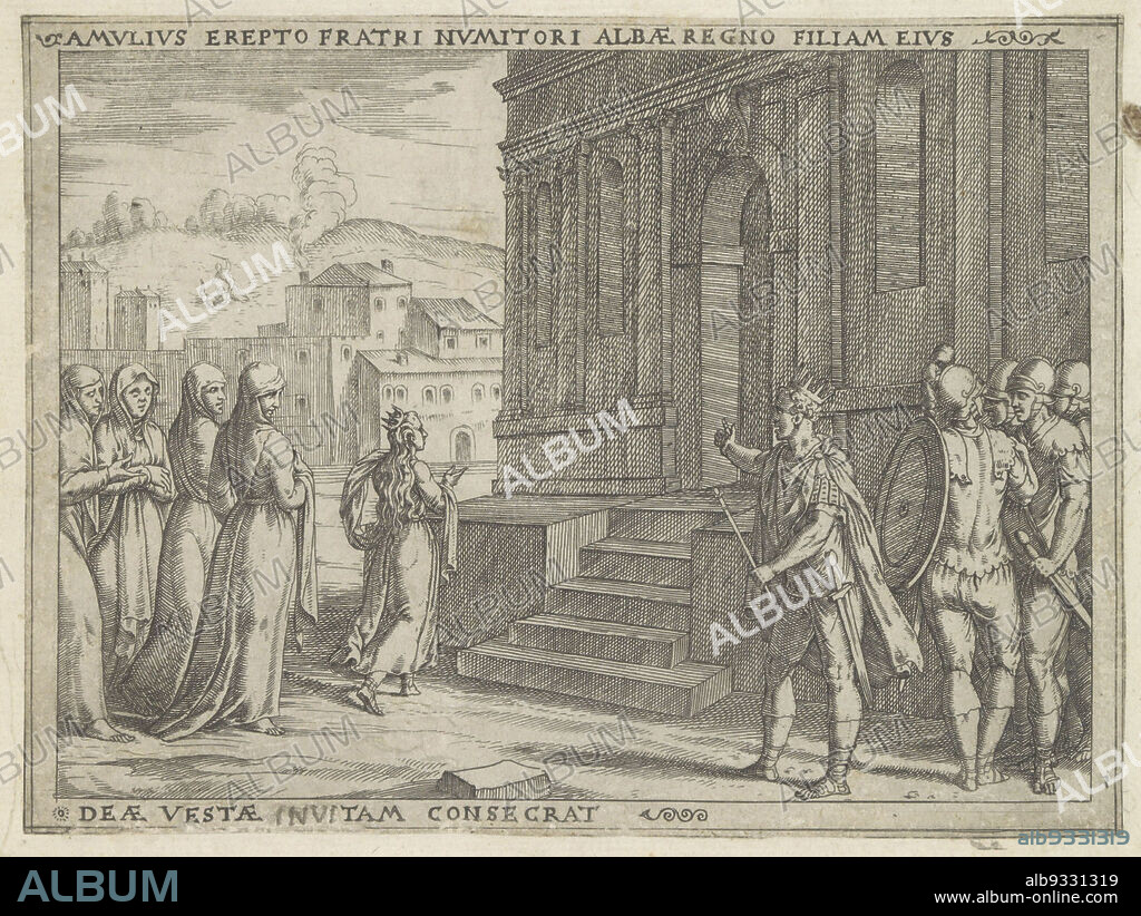 Amulius forcing Rhea Silvia to become a Vestal Virgin, Amulius repto fratri Numitori (...) invitam consecrat (title on object), Life of Romulus and Remus (series title), Amulius forcing his brother Numitor's daughter, Rhea Silvia, to become a Vestal Virgin, so that she will remain childless and her descendants cannot avenge themselves. Amulius stands with his soldiers on the right. On the left Rhea Silvia in front of the stairs of a temple. Behind her are Vestal Virgins. The print is part of an album., print maker: Giovanni Battista Fontana, Giovanni Battista Fontana, Italy, 1572 - 1573, paper, etching, height 138 mm × width 185 mm.