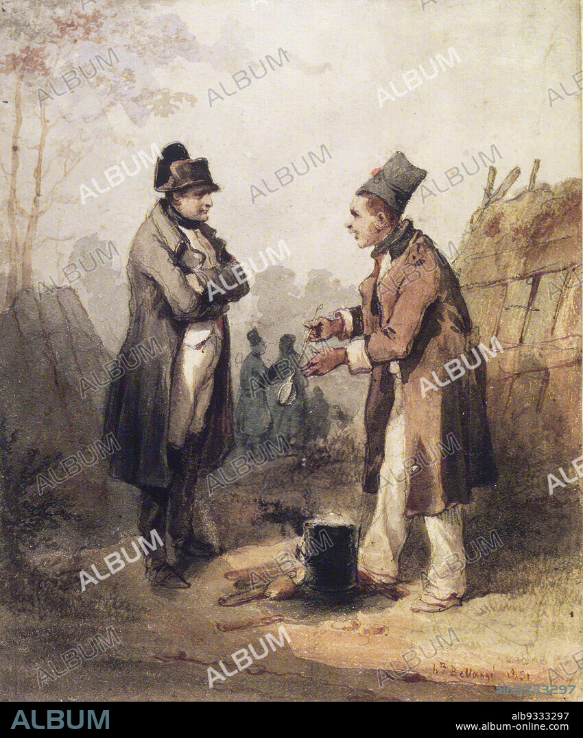 Napoleon Standing with a Soldier, Joseph-Louis-Hippolyte Bellangé, French, 1800-1866, Graphite and watercolor on wove paper, France, 1831, sheet: 4 5/8 x 3 15/16 in., 11.7 x 10 cm, 1831, 19th Century, battlefront, Bellange, boots, conversation, emperor, european, European Art, French, Grande Armée, Graphite and Watercolor, Joseph Louis Hippolyte Bellange, Napoleon, petit caporal, portrait, redingote, soldier, war, watercolor.