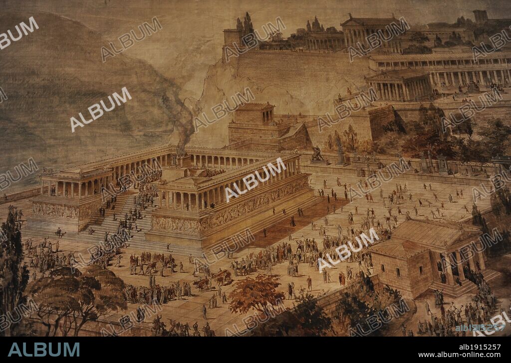 The Acropolis at Pergamon . Turkey. Altar of Zeus. Imaginary reconstruction by German painter Friedrich von Thiersch (1852-1921).