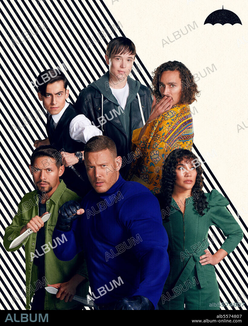 AIDAN GALLAGHER, DAVID CASTAÑEDA, ELLIOT PAGE, EMMY RAVER-LAMPMAN, ROBERT SHEEHAN y TOM HOPPER en THE UMBRELLA ACADEMY, 2019, dirigida por JEREMY SLATER. Copyright NETFLIX.