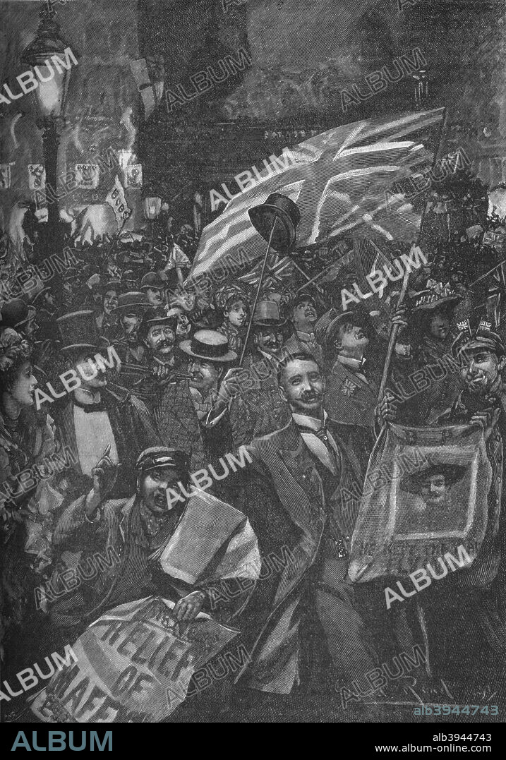 Mafeking night in London, 1900 (1906). Celebrations on the street for the relief of the British-held town in South Africa, besieged by the Boers for 217 days from October 1899 until May 1900. until From Cassell's History of England, Vol. IX, [Cassell and Company, Limited, London, Paris, New York & Melbourne, 1906].