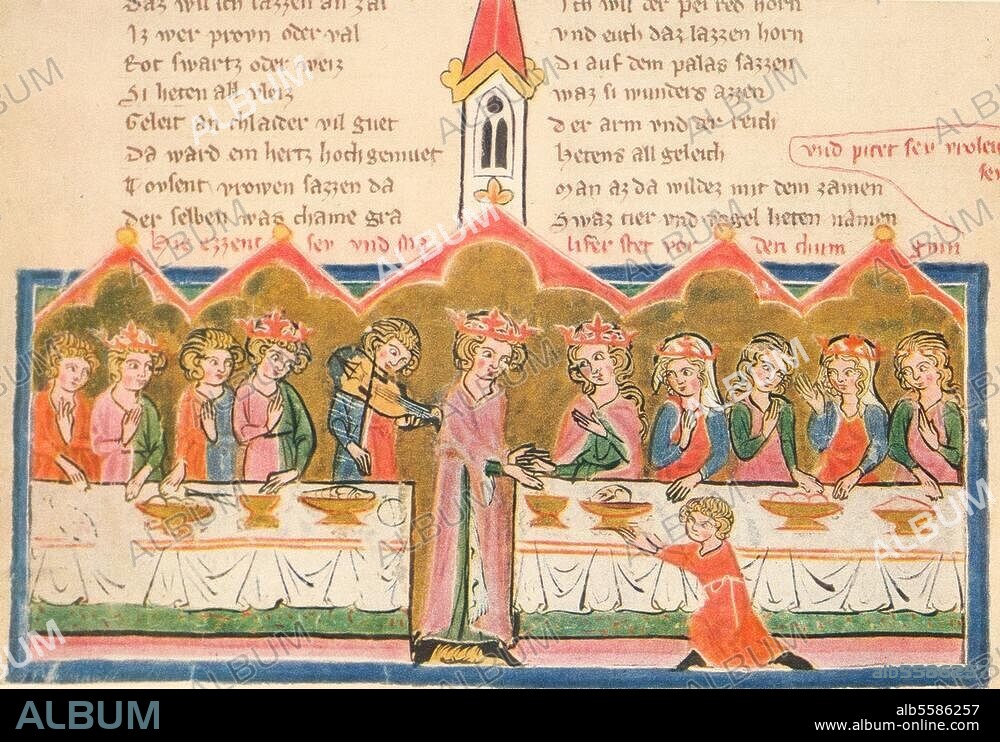 ANONYM. zu: Wolfram von Eschenbach; mhd. Dichter. um 1170 - um 1220. "Malifer bittet die Königin Penthesilea fröhlich zu sein". (Illustration zu Ulrich von Türheims 1250 verfaßte Fortsetzung "Rennewart" zu Wolframs "Willehalm"). Buchmalerei, mittelrheinisch, um 1320. Cod. 2670, fol. 326v., Wien, Österreichische Nationalbibliothek.