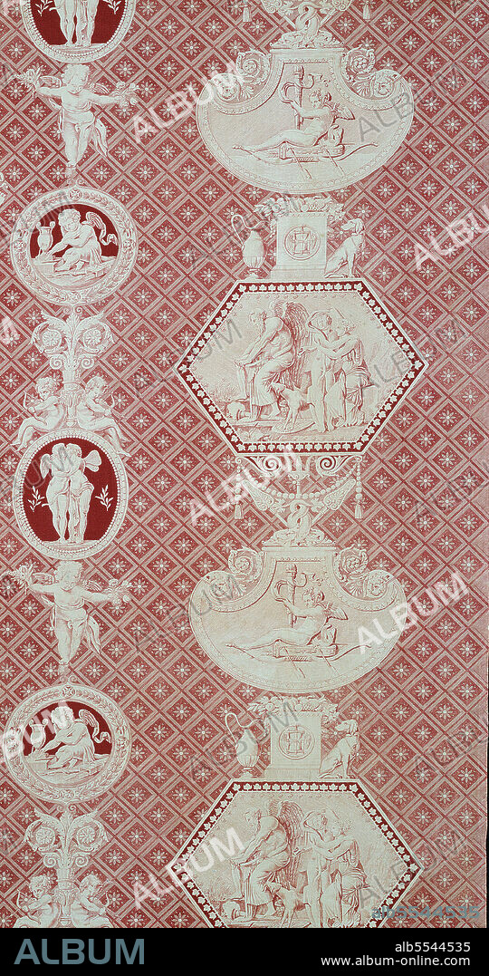 CHRISTOPHE-PHILIPPE OBERKAMPF. La Marchande d'Amour (The Merchant of Love) (Furnishing Fabric), France, 1815/17. Designed by Louis-Hippolyte LeBas, after Jacques Firmin Beauvarlet, printed and manufactured by Christophe Philippe Oberkampf. Detail from a larger artwork,.