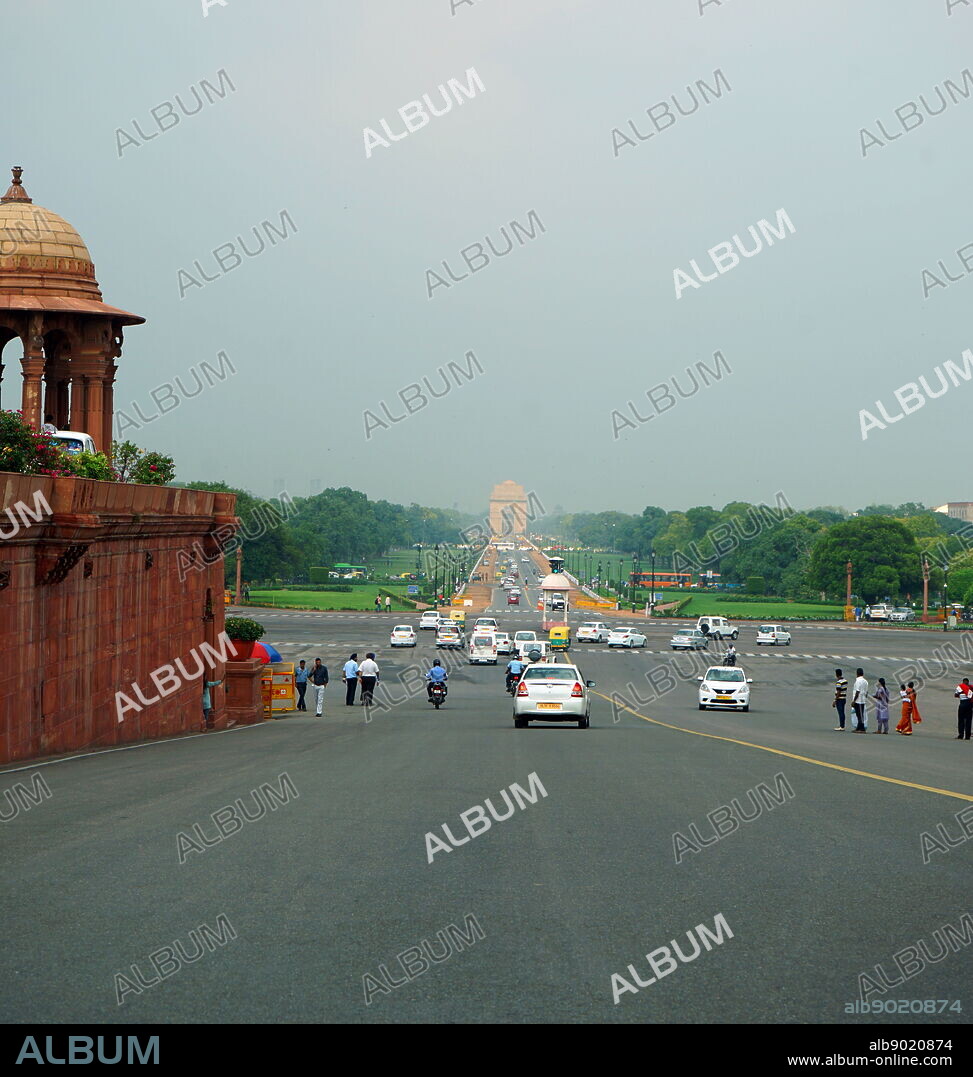 View from Rajpath Marg to India Gate, Delhi India. Rajpath (meaning 'King's Way') is a ceremonial boulevard in New Delhi, India, that runs from Rashtrapati Bhavan on Raisina Hill through Vijay Chowk and India Gate to the National Stadium. The avenue is lined on both sides by huge lawns, canals and rows of trees. It was designed by Edward Lutyens.