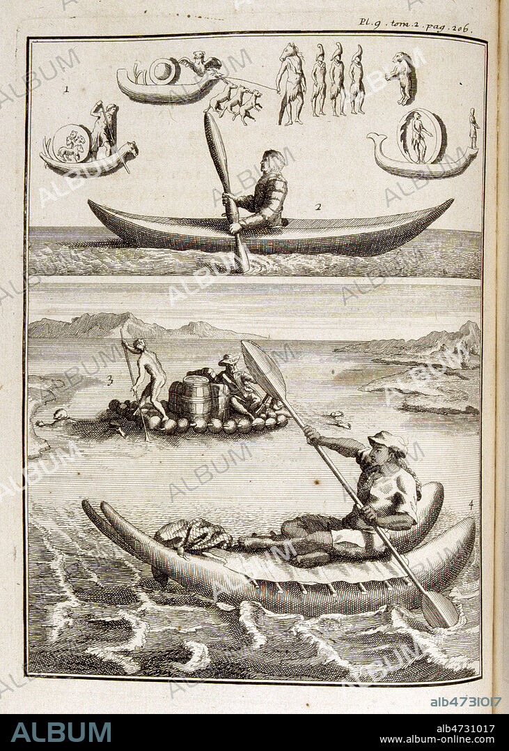 ht : canot des esquimaux. bas : radeau des peruviens. Illustration tiree de l'ouvrage de LAFITAU (1681-1746) 'Moeurs des sauvages ameriquains (sic) comparees aux moeurs des premiers temps', edition de 1724 (18e, 18eme, XVIIIe s.) Credit : JEAN VIGNE / KHARBINE-TAPABOR.