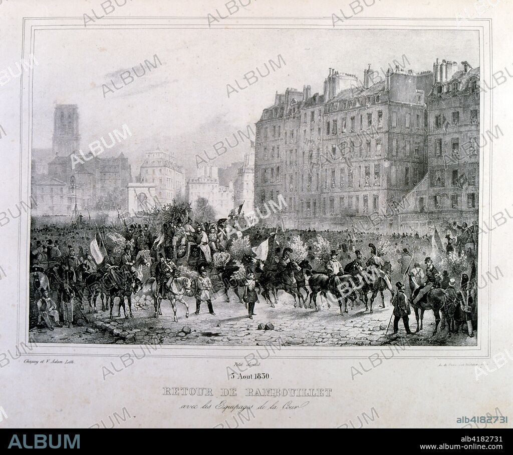 Illustration depicting events during the French 'July Revolution' of 1830. The French Revolution of 1830, also known as the July Revolution (revolution de Juliet), Second French Revolution or Trois Glorieuses, led to the overthrow of King Charles X, the French Bourbon monarch, and the ascent of his cousin Louis Philippe, Duke of Orléans, who himself, after 18 precarious years on the throne, would be overthrown in 1848. It marked the shift from one constitutional monarchy, under the restored House of Bourbon, to another, the July Monarchy. the transition of power from the House of Bourbon to its cadet branch, the House of Orléans. and the replacement of the principle of hereditary right by popular sovereignty. Supporters of the Bourbon would be called Legitimists, and supporters of Louis Philippe Orléanists.
