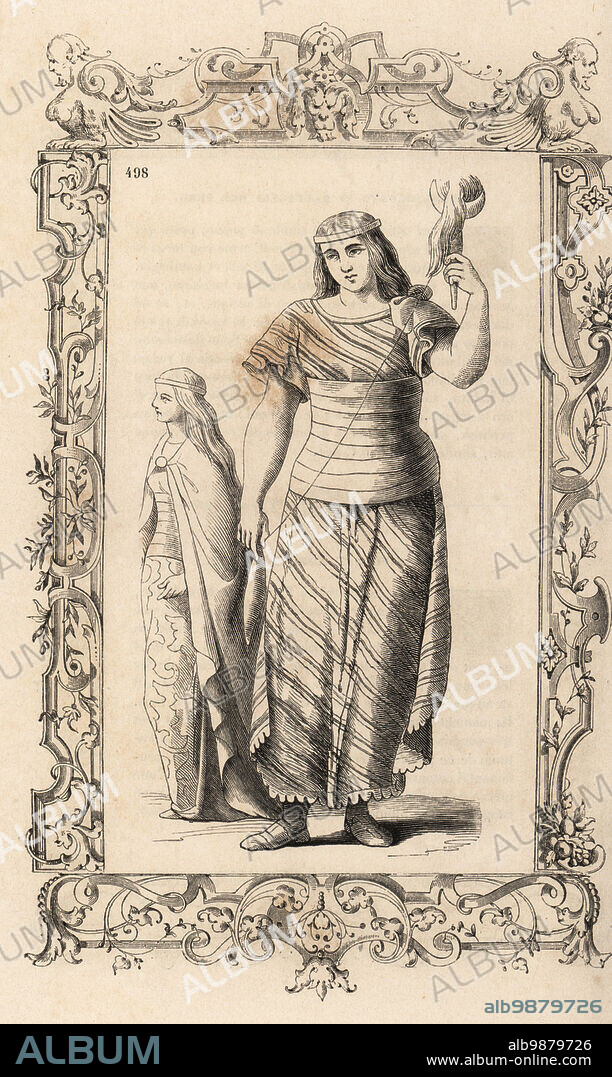 Quechua women of Peru, 16th century. The woman spinning yarn with a spindle wears a striped cotton dress and wide belt. Another woman wears a cloak fastened with a brooch at the chest. Costume des femmes du Perou. Within a decorative frame engraved by H. Catenacci and Fellmann. Woodblock engraving by Gerard Seguin and E.F. Huyot after a woodcut by Christoph Krieger from Cesare Vecellios 16th century Costumes anciens et modernes, Habiti antichi et moderni di tutto il mondo, Firman Didot Ferris Fils, Paris, 1859-1860.