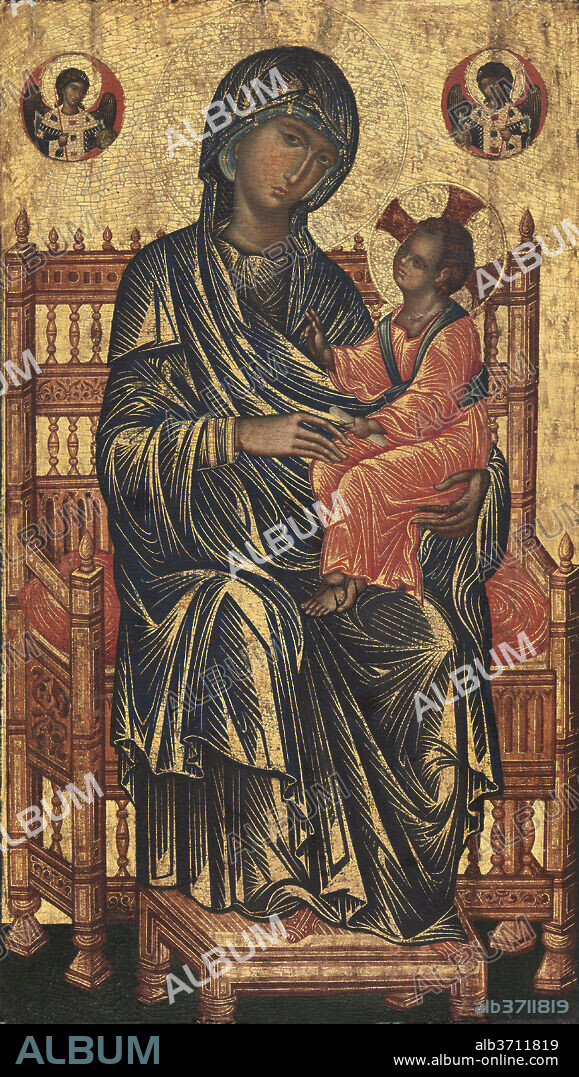 BYZANTINE 13TH CENTURY (POSSIBLY FROM CONSTANTINOPLE). Enthroned Madonna and Child. Dated: c. 1250/1275. Dimensions: painted surface: 124.8 x 70.8 cm (49 1/8 x 27 7/8 in.)  overall: 130.7 x 77.1 cm (51 7/16 x 30 3/8 in.)  framed: 130.5 x 77 x 6 cm (51 3/8 x 30 5/16 x 2 3/8 in.). Medium: tempera on poplar panel.