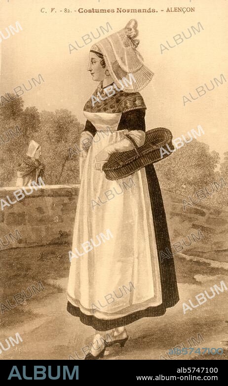 Ethnologie / France : costume traditionnel féminin normand d'Alençon en Normandie. Carte postale photo d'ap. lithographie v. 1810. Berlin, Sammlung Archiv für Kunst und Geschichte.