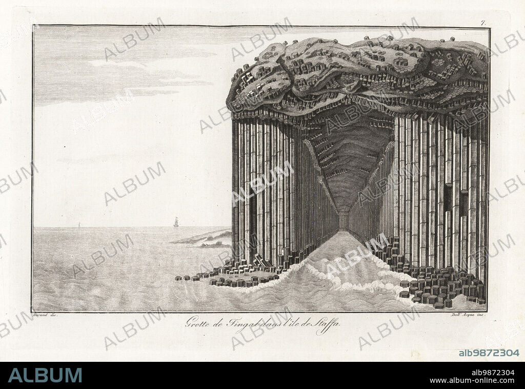 View of Fingal's Cave on the island of Staffa, Inner Hebrides, Scotland. Grotto of volcanic basalt columns. Grotte de Fingal dans l'ile de Staffa. Copperplate engraving by Giuseppe Dall'Acqua after Durand from Scipion Breislaks Traite sur la Structure Exterieure du Globe, Treatise on the Exterior Structure of the Globe, Jean-Pierre Giegler, Milan, 1822.