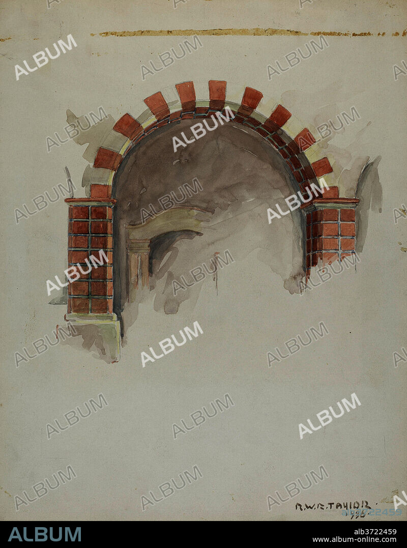 ROBERT W. R. TAYLOR. Restoration Drawing: Main Doorway and Arch toMission House. Dated: 1936. Dimensions: overall: 35.6 x 27.9 cm (14 x 11 in.)  Original IAD Object: Height, base of pilasters-top of arch: 7'5". Medium: watercolor, colored pencil, and graphite on paper.