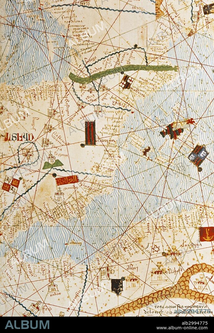 CARTOGRAFIA. SIGLO XIV. "ATLAS CATALAN DEL AÑO 1375". La documentación de los reyes aragoneses Pedro IV y Juan acreditan a Abraham y Jehuda Cresques como los autores de éste Atlas Catalán. Ambos pertenecían a la Escuela Cartografica de Mallorca, en Ciudad de Palma. "EL MARE NOSTRUM CON LAS COSTAS DE LA CORONA DE ARAGON, DE AL-ANDALUS, ISLAS BALEARES Y AFRICA DEL NORTE". Detalle del Atlas. Manuscrito 30. Fondo Español. Biblioteca Nacional. París. Francia.