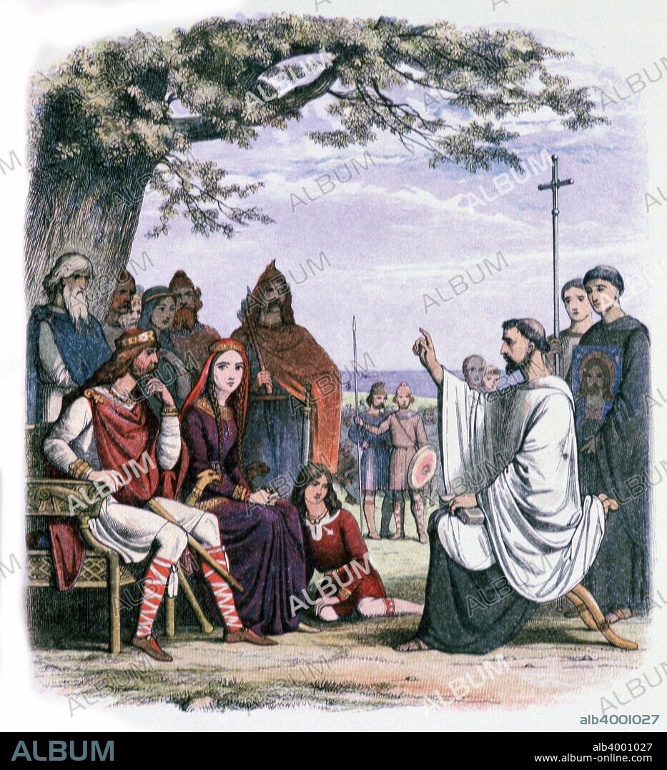 Illustration of St Augustine preaching to King Ethelbert and Queen Bertha, from a Chronicle of England by James Doyle, printed by Edmund Evans, 19th century.