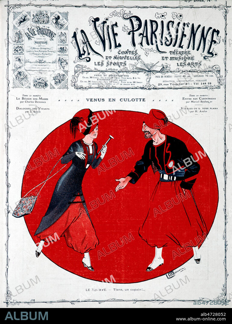 'Venus en culotte. Le zouave face a une femme en jupe culotte ou pantalon culotte bouffante : tiens, un copain !'. Couverture de La Vie Parisienne du 03/1911 illustree par LEONNEC (1881-1940). Credit : Collection KHARBINE-TAPABOR.