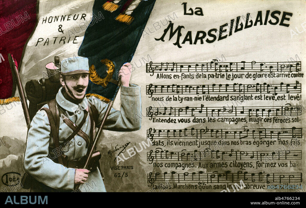 Partition de la Marseillaise avec soldat brandissant un drapeau francais estampille 'Honneur et patrie'. Illustration anonyme pour une carte postale vers 1915. Credit : Collection IM/KHARBINE-TAPABOR.