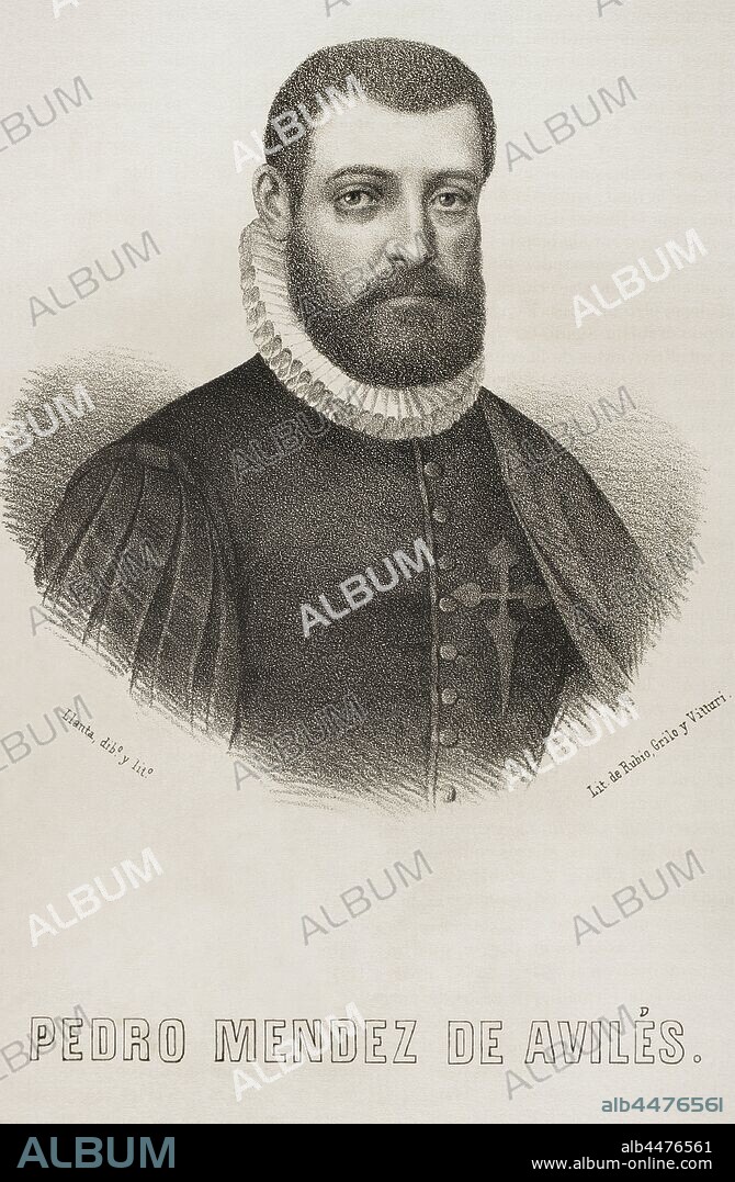 Pedro Menendez de Aviles y Alonso de la Campa (1519-1574). Spanish marine. Portrait. Illustration by Llanta. Lithography. Cronica General de Espa–a. Historia Ilustrada y Descriptiva de sus Provincias. Asturias and Leon, 1867.