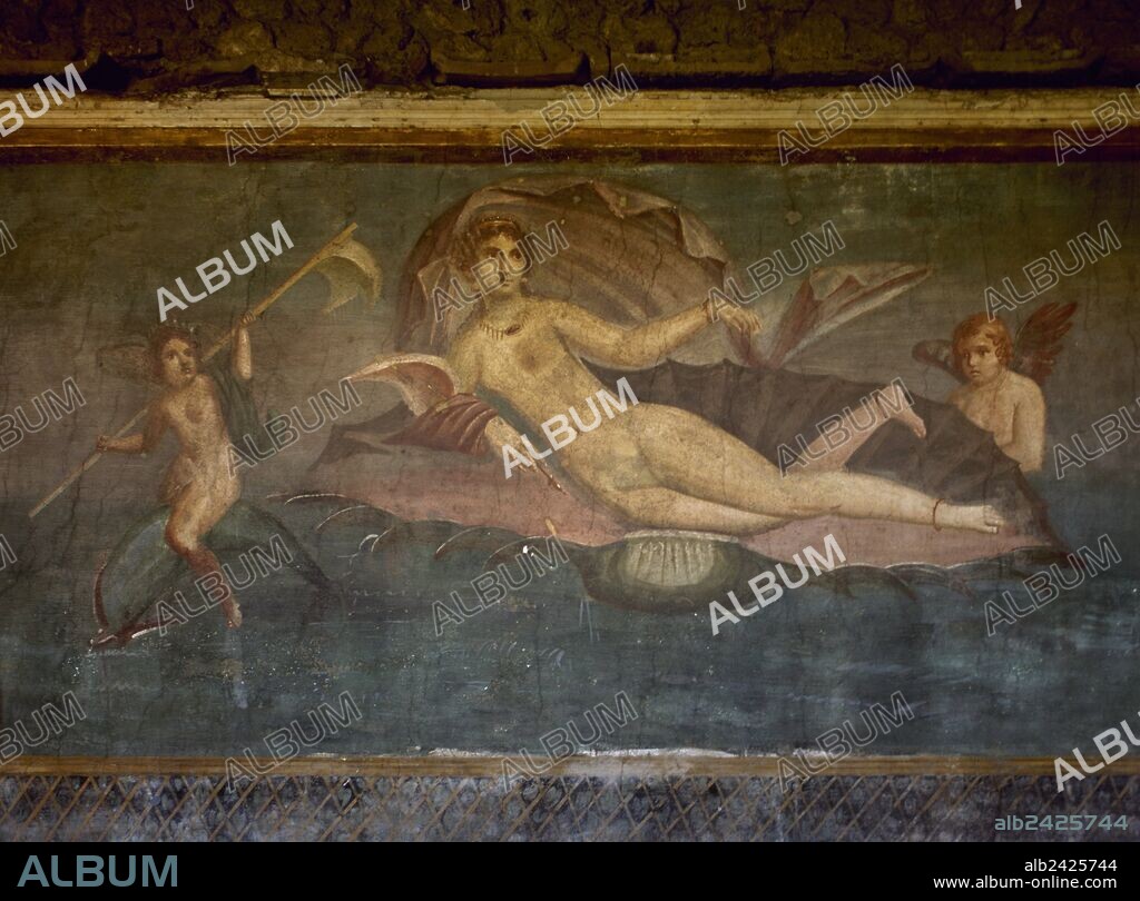 ARTE ROMANO. ITALIA. Fresco de "VENUS NADANDO". Se representa a la diosa del amor surcando las aguas dentro de una concha mientras es escoltada por amorcillos (siglo I d. C.). Decoraba el muro del jardín de la CASA DE VENUS. POMPEYA. La Campania.