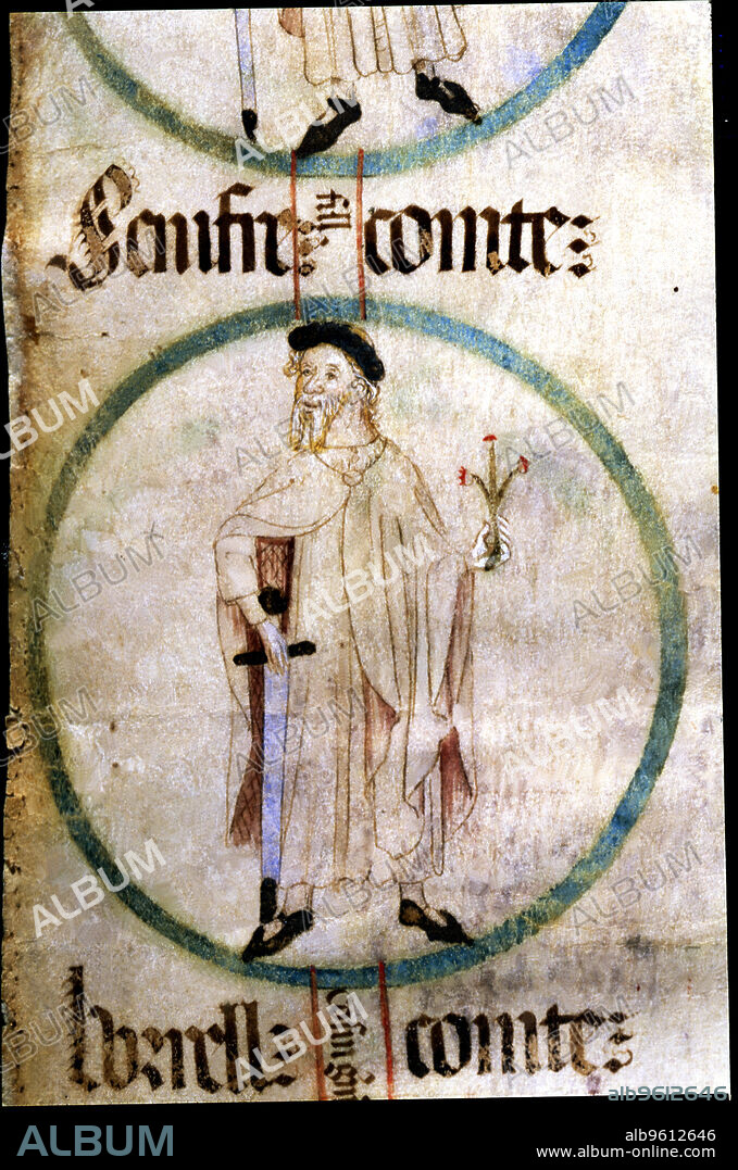 Sunyer I (c.890 - 950), count of Barcelona, Gerona and Ausona, son of Guifre I 'the Hairy', miniature in a 15th century parchment entitled 'Genealogy of the Kings of Aragon and Counts of Barcelona', preserved in the archives of the Poblet Abbey.