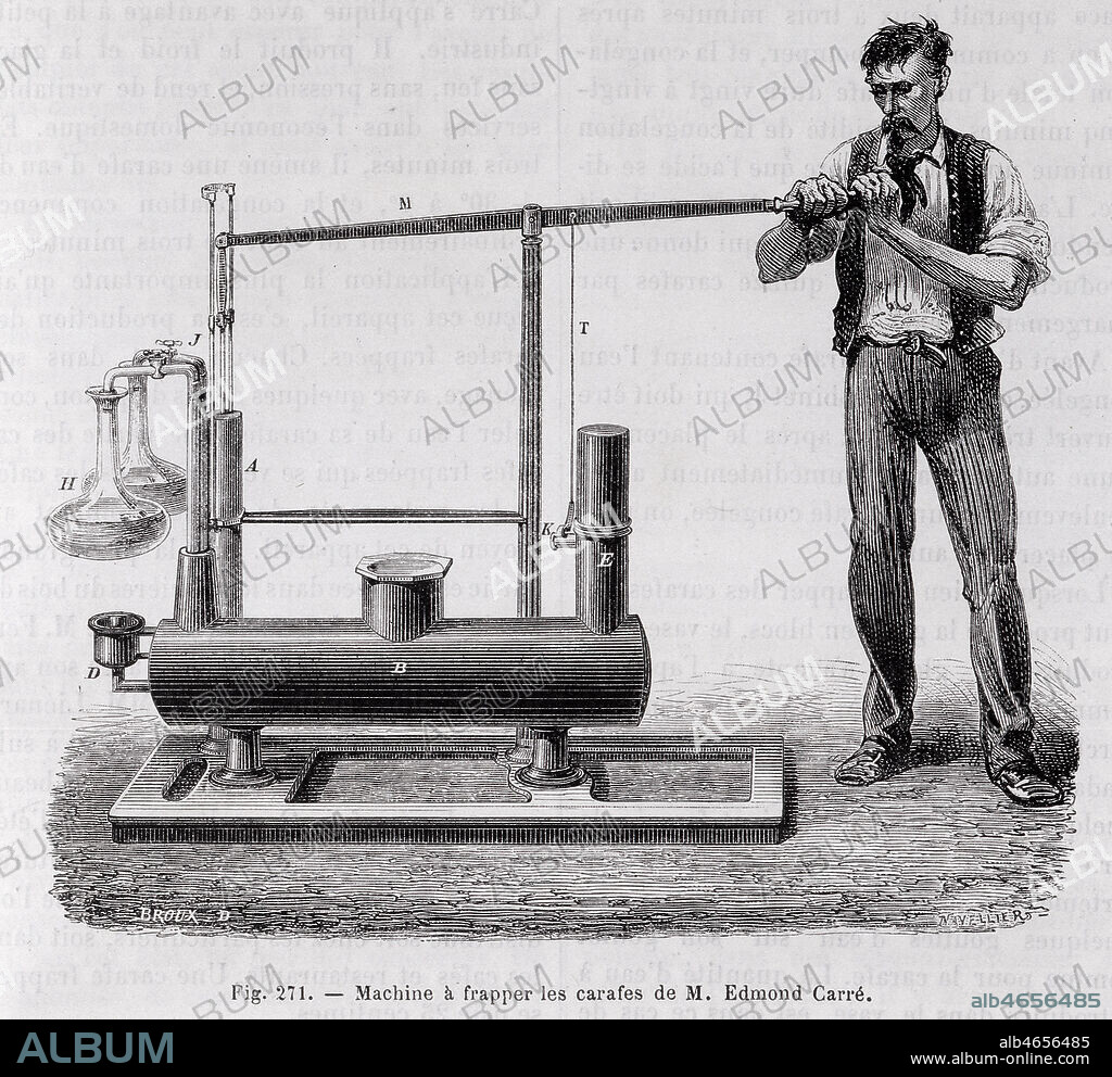 "Machine a frapper les carafes de M. Edmond CARRE". Gravure en noir et blanc. Credits : Collection KHARBINE-TAPABOR.