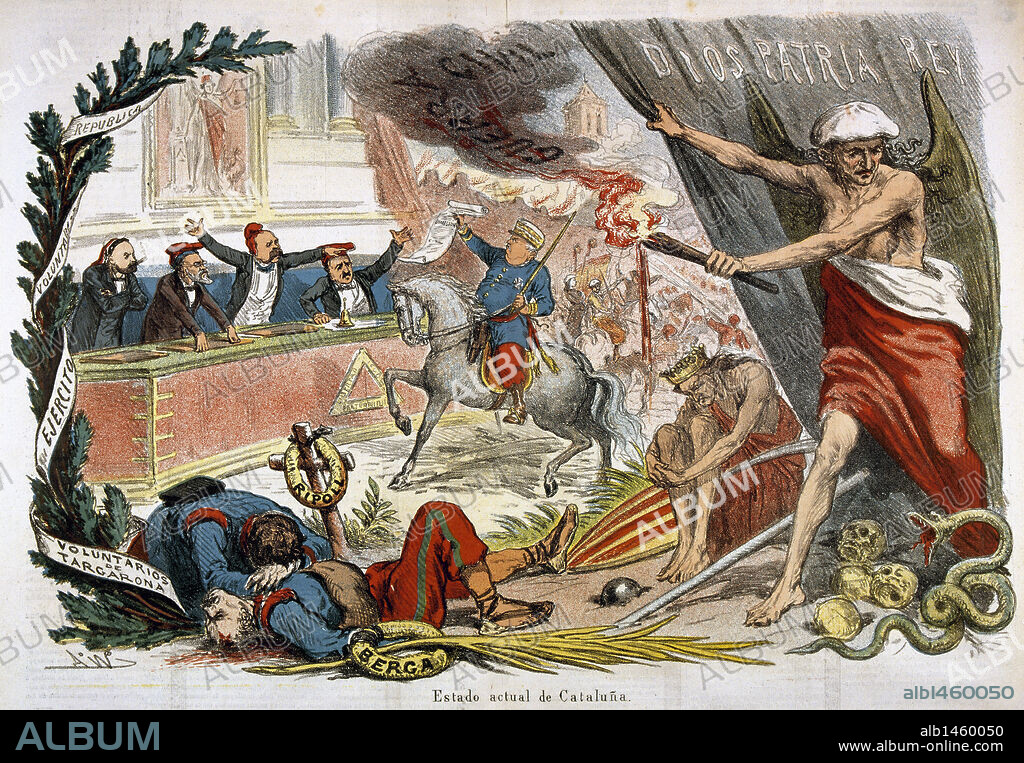 Caricatura editada en el interior de la revista satírica "LA FLACA", que ironiza sobre la situación política del país durante la Primera República Española (1873-1874). Aparecen caricaturizados Pi i Margall y Emilio Castelar, entre otros Barcelona. Cataluña.