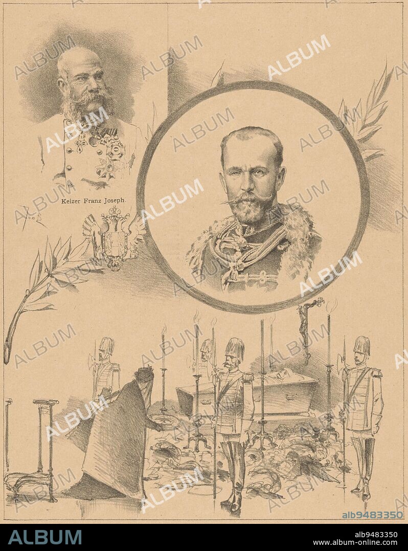 Portrait of Rudolf Franz Charles Joseph, Archduke of Austria, Crown Prince of Austria-Hungary Top left a portrait of his father Emperor Franz Joseph I of Austria Below, a mourning woman near the body of Rudolf laid out in a coffin, which is surrounded by four guards, Crown Prince Rudolf of Austria original , print maker: Johan Braakensiek, (mentioned on object), printer: Harms & Co. Ellerman, (mentioned on object), Amsterdam, 10-Feb-1889, paper, h 435 mm × w 298 mm.