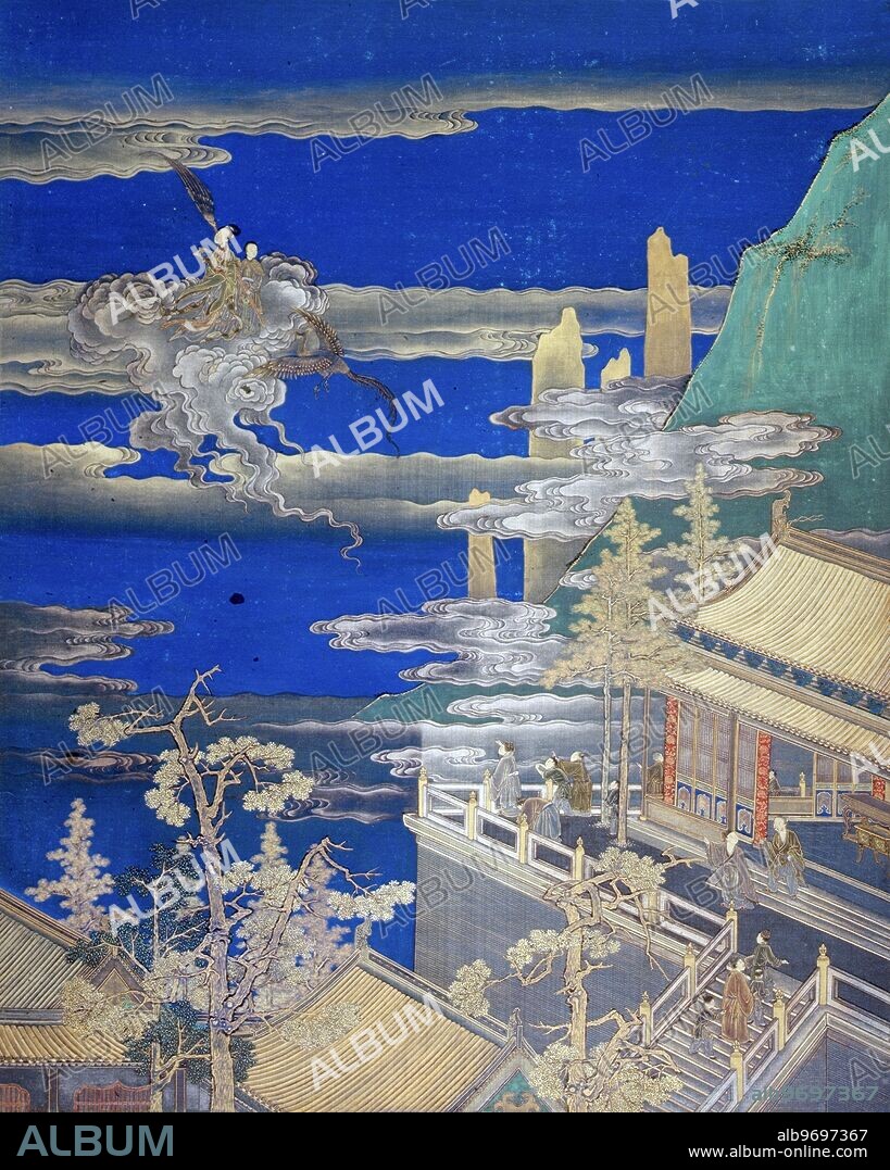 A Taoist immortal flying through the clouds, 1750. The 'sage mother of Dongling' who studied the Way and could cure illnesses. One day, amidst a throng wishing to thank her, she ascended to the clouds. From "A Keepsake from the Cloud Gallery/Yuntai Xianrui". (China, 1750).