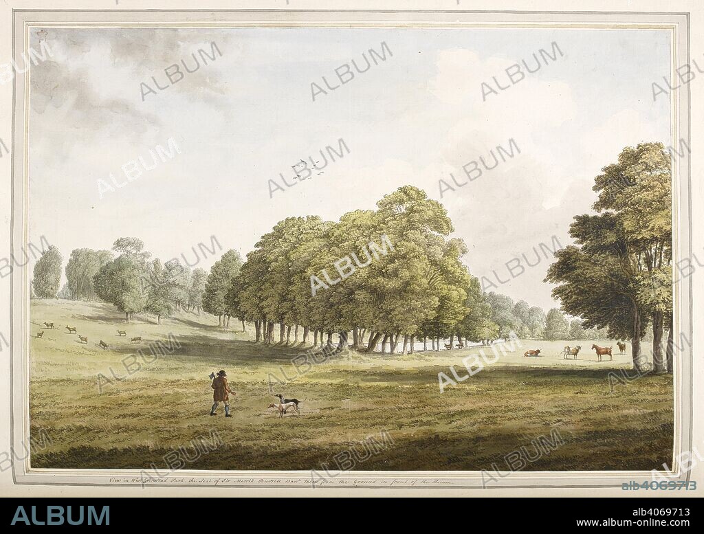 SAMUEL HIERONYMUS GRIMM. A watercolour view in West Grinstead Park in (West) Sussex the seat of Sir Merrick Burrell Bart. 'taken from the ground in front of the house' drawn by S.H. Grimm.  . A watercolour view in West Grinstead Park in (West) Sussex the seat of Sir Merrick Burrell Bart. 'taken from the ground in front of the house' drawn by S.H. Grimm. 1773. Length: 39.2. Width: 56.6.Scale: Centimetres. Source: Add. 5673 f.26 (no.45).