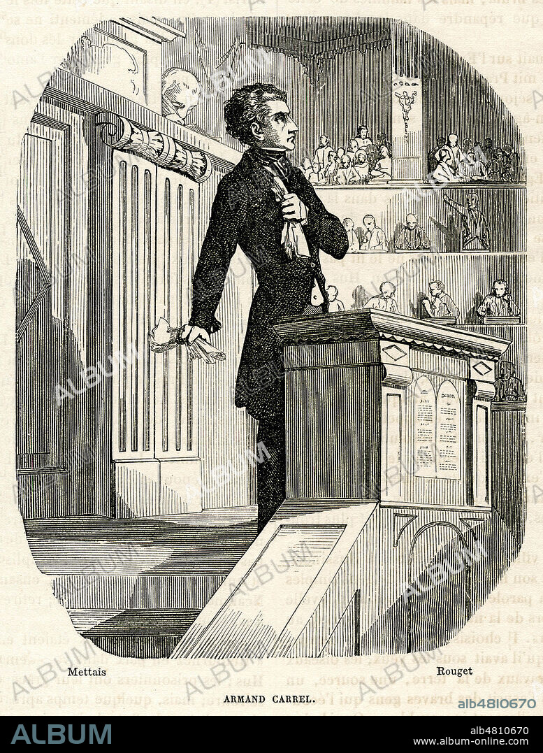 Armand CARREL (1800-1836) se defendant devant la Chambre des pairs en 1834. Illustration de 1851 par Charles Joseph METTAIS (19 s.) pour Histoire des Martyrs de la Liberte par Alphonse ESQUIROS (1812-1876). Credit : Collection Jonas/Kharbine-Tapabor.