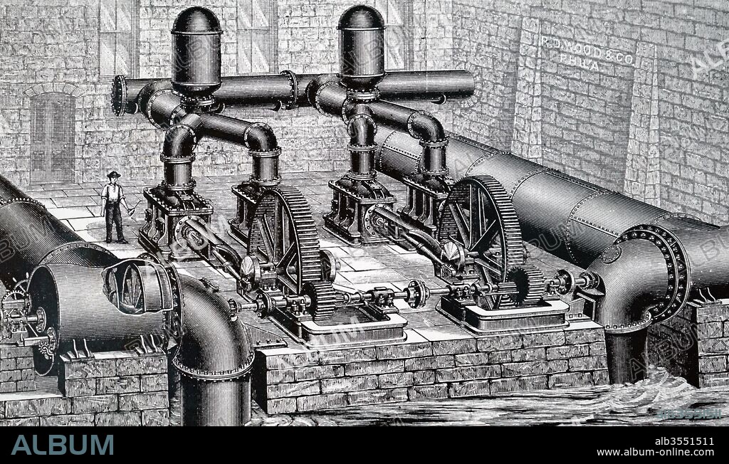 Engraving depicting the Geylin form of the Jonval turbine. The waterworks installation consisted of two sets of crank-driven ram pumps complete with discharge pipes and air vessels, driven by a pair if Geylin/Jonval horizontal turbines, spent water from which is discharging in the foreground. Dated 19th century.