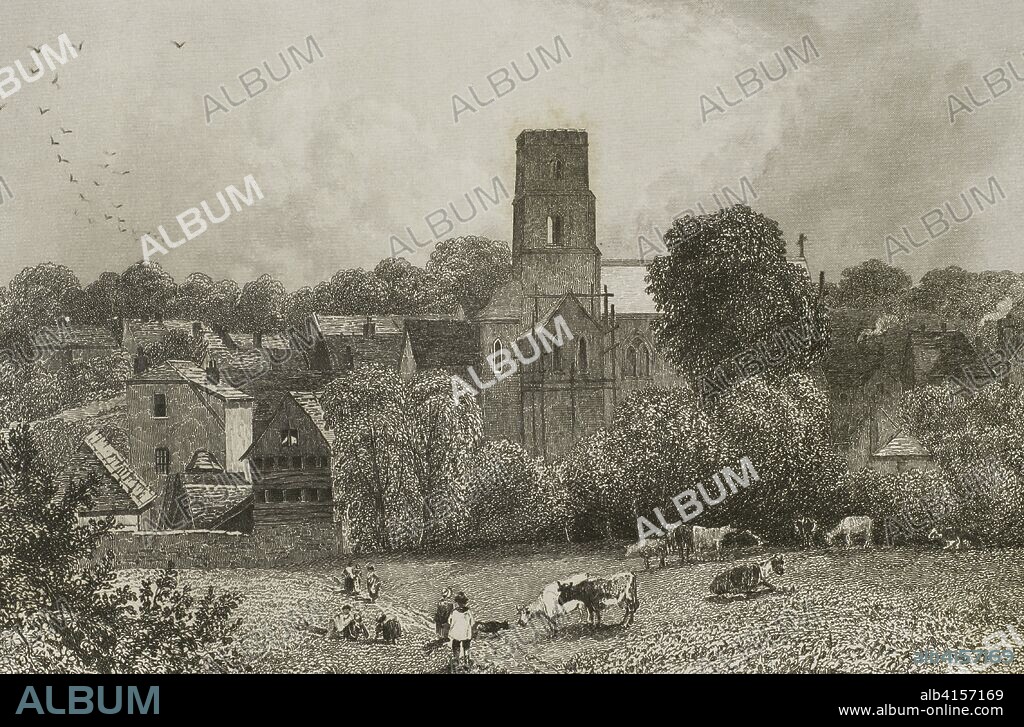Reino Unido. Inglaterra. Dorking. Ciudad en el condado de Surrey. Vista de la antigua iglesia parroquial de San Martín (St. Martin's Church) antes de la construcción, en el siglo XIX, de una nueva aguja y torre. Es una iglesia anglicana que se remonta a la Edad Media. Grabado por Josiah Henshall (1801? -1869) a partir de un estudio original de James C. Allen (1821-1833). "London and its Environs", h. 1840 (Londres y sus Alrededores). Biblioteca Histórico Militar de Barcelona, Cataluña, España.