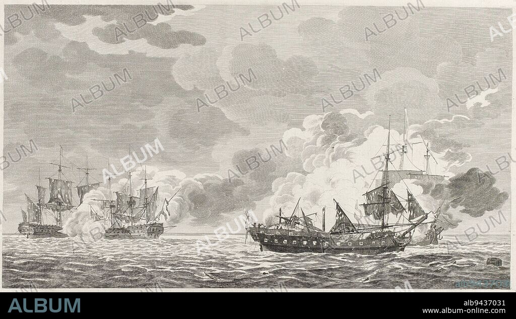 Naval battle at Cadiz between two Dutch frigates Castor and Den Briel and two English frigates Flora and Crescent, 30 May 1781, Naval battle at Cadiz, 1781, print maker: Mathias de Sallieth, intermediary draughtsman: Jan Kobell (I), Northern Netherlands, 1782, paper, etching, engraving, h 313 mm × w 481 mm.