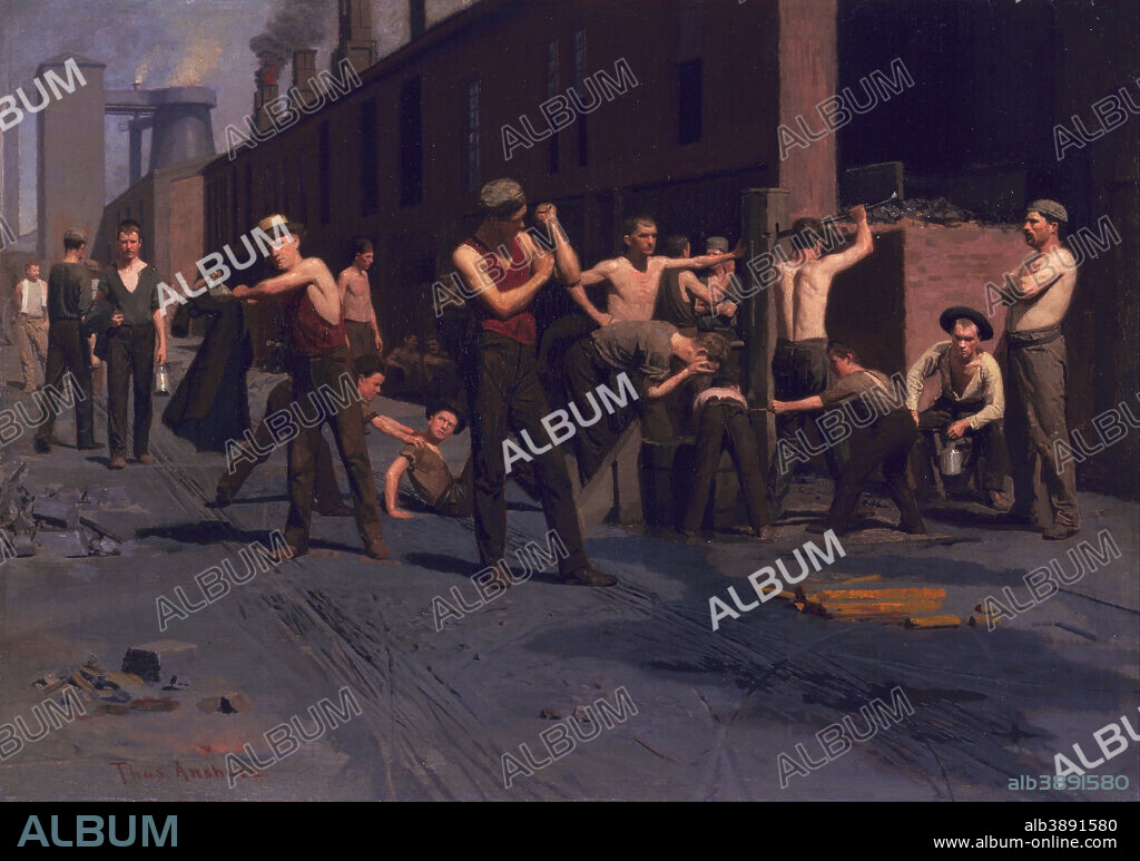 THOMAS POLLOCK ANSHUTZ. The Ironworkers' Noontime. Date/Period: 1880. Painting. Oil on canvas. Height: 43.2 cm (17 in); Width: 60.6 cm (23.8 in).