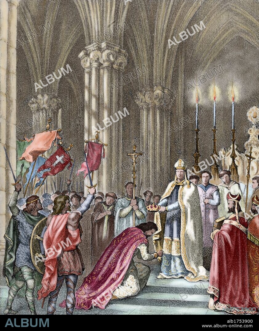 Alfonso VII (1105-1157), called the Emperor. King of Galicia in 1111 and King of Leo_n and Castile in 1126. In 1135 held another investiture in a grand ceremony with his proclamation as Emperor of Spain in the Cathedral of Leon. Colored engraving.