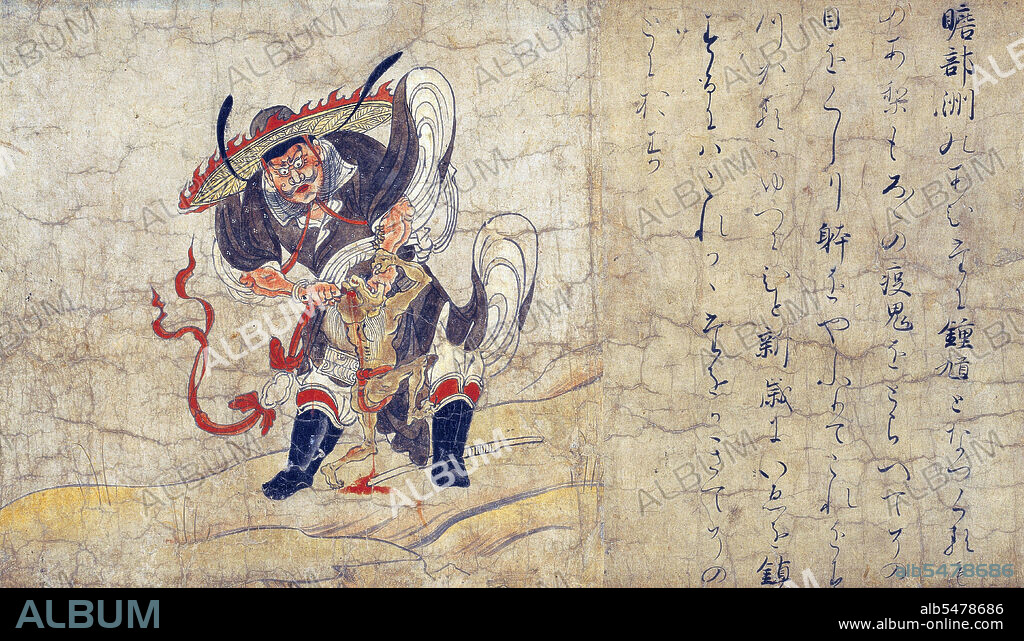 Part of a set of five hanging scrolls entitled 'Extermination of Evil', depicting benevolent deities who expel demons of plague. This scroll was originally part of a handscroll known as the 'Second edition of the Masuda family Hell Scroll' before being cut into sections after World War II. The text on the scroll explains the acts of the god in exterminating evil. Shoki is a legendary Chinese deity who protected Emperor Xuanzong of Tang from evil demons. He is depicted with large eyes and a thick beard wearing a black robe, wide hat and boots. The set of five scrolls has been designated as a National Treasure of Japan in the category 'Paintings'.
