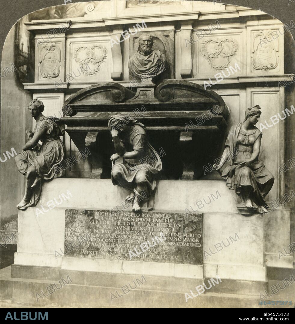 'Tomb of Michael Angelo in Church of Santa Croce, Florence, Italy', c1909. Tomb of Michelangelo, Italian sculptor, painter, architect and poet of the High Renaissance with sculpture by Valerio Cioli, Iovanni Bandini, and Battista Lorenzi. To be viewed on a Sun Sculpture stereoscope made by Underwood & Underwood. [The Rose Stereograph Company, Melbourne, Sydney, Wellington & London, c1909].
