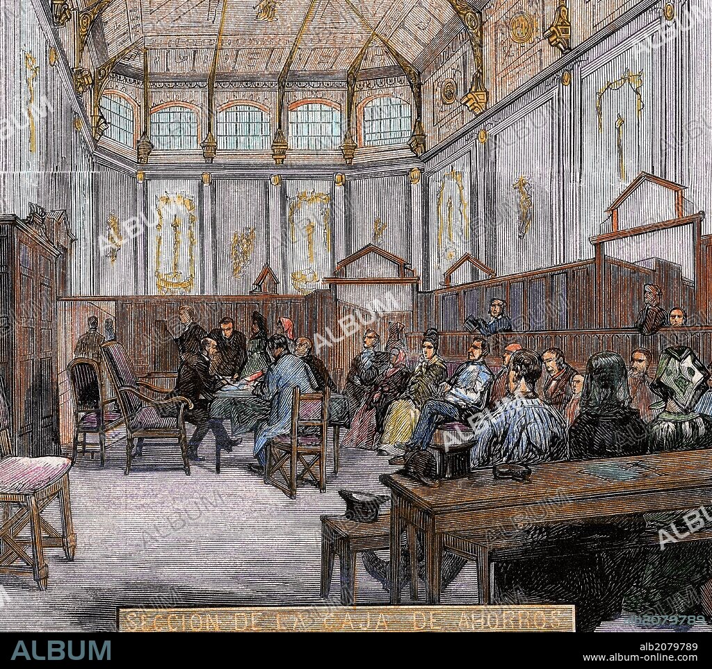 HISTORIA DE ESPAÑA. SIGLO XIX. ESTABLECIMIENTO BENEFICO DE MONTE PIEDAD y CAJA DE AHORROS, institución creada con un sentido social y religioso de ayuda a los más necesitados "SECCION DE LA CAJA DE AHORROS". Madrid. Grabado coloreado de "La Ilustración Española y Americana". Año 1876.