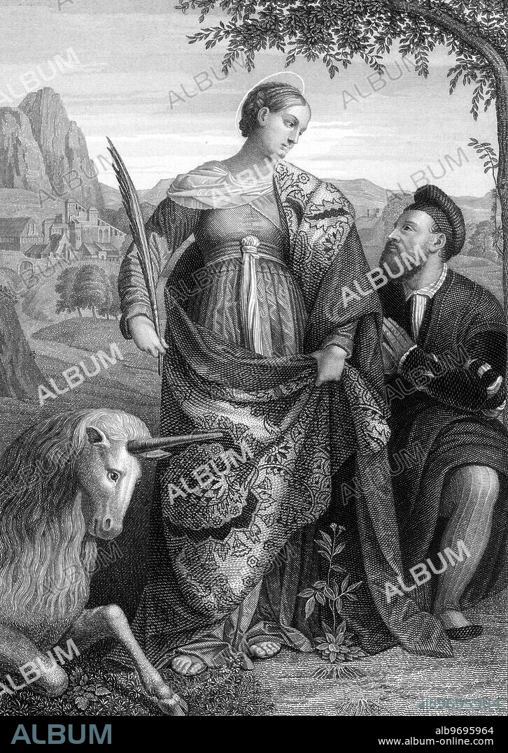 1000770 ( 1000 ) Die HEILIGE JUSTINA , MÃrtyrerin , geboren in Antiochia ( heute Antakya ) , gestorben um 304 in Nikomedia ( heute Izmit ) , lehnte alle HeiratsantrÃge von Cyprian ab, da sie sich mit Jesus verlobt glaubte. GemÃlde von Moretto von Brescia. : Justina mit dem Einhorn , um 1530 . Druck aus dem 19. Jahrhundert. Stichworte : Religion , Christentum , christlich , Heilige , Maertyrerin , Kunsturheberrechte werden nicht vertreten. Jede Nutzung ist anzuzeigen und abzurechnen mit Archiv Feltz , Radenwisch 45, 22457 Hamburg , Deutschland / Hamburg , Tel. / Fax : 040-5592530.. Saint Justina together with the unicorn, painting by Moretto of Brescia, no copyright of art.