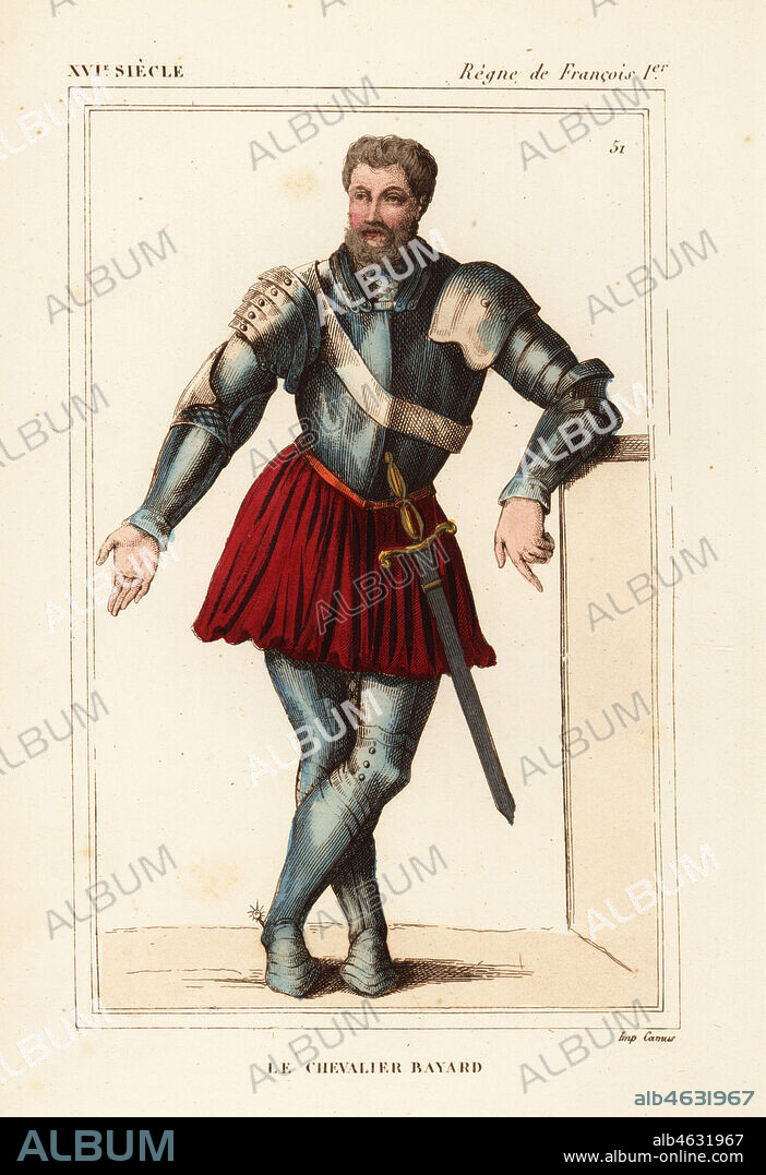 Le Chevalier Bayard, Pierre Terrail, French knight 1473-1524. He wears a suit of armour with red tonlet and sword. Handcoloured lithograph after an ancient portrait held by the Terrail family from Le Bibliophile Jacob aka Paul Lacroix's Costumes Historiques de la France (Historical Costumes of France), Administration de Librairie, Paris, 1852.