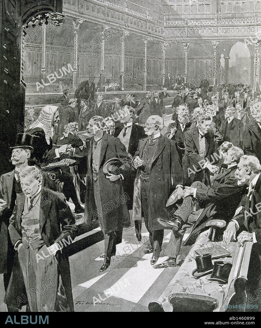 Londres. Palacio de Westminster. Sesión de apertura de la nueva Cámara de los Comunes. Tras la designación del presidente (speaker), los miembros del Parlamento desfilan ante el mismo, dándole la mano. Ilustración del año 1906. S. XX.