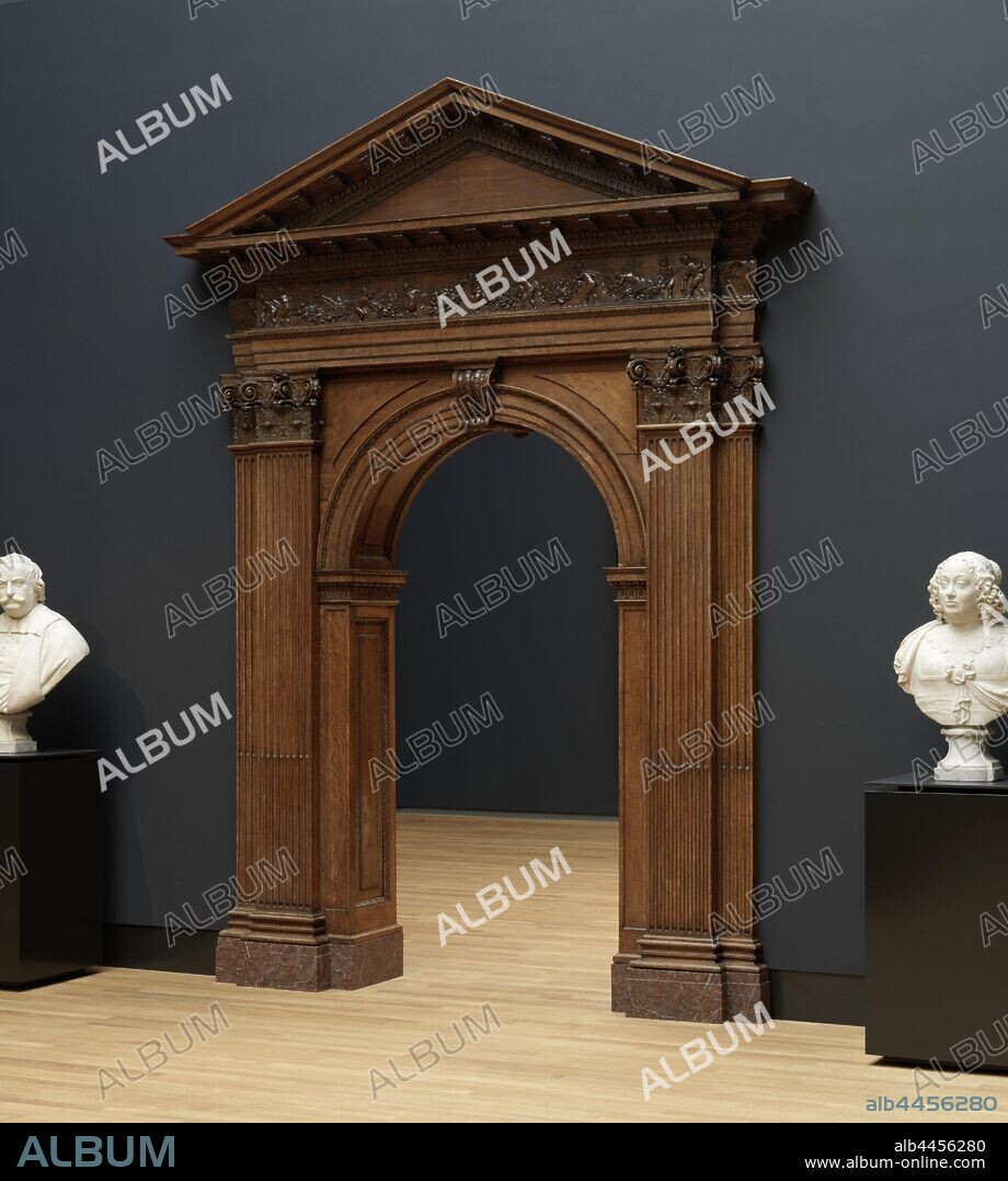 Portico and pediment from the Huydecoper house Portico and fronton Huydecoper house, Portico of oak. The bar has a semi-circular arch, which rests on pilasters and is provided with a volute-shaped key piece. The porch is supported by Corinthian pilasters. The main frame has a frieze decorated with naked putti that wear festoons. The protruding part is crowned by a pediment. The frieze is made of walnut. Designed for the house of Joan Huydecoper Singel 548 in Amsterdam., Half-column, pilaster, architecture, cupids: 'amores', 'amoretti', 'putti', ornament, festoon, garland, Huydecoper house, Joan Huydecoper van Maarseveen (I), Philips Vinckboons (II), Northern Netherlands, 1639, wood (plant material), oak (wood), walnut (hardwood), h 381.0 cm × w 308.0 cm × d 70.0 cm ×, × h 255 cm × w 57 cm × d 38 cm × h 291 cm × w 61 cm × d 34 cm × h 269 cm × w 66 cm × d 13 cm × h 249 cm × w 66 cm × d 13 cm × h 213 cm × w 22 cm × d 29 cm × h 181 cm × w 87 cm × d 60 cm × h 163 cm × w 50 cm × d 20 cm × h 244 cm × w 14 cm × d 6 cm × h 163 cm × w 50 cm × d 20 cm × h 244 cm × w 14 cm × d 6 cm, Delft, c. 1700.