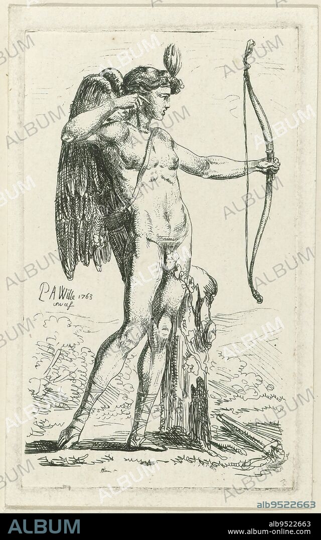 Amor or Apollo shooting with bow and arrow, Winged Amor or Apollo has his left arm extended with bow and gaze fixed on his target. In the background a landscape., print maker: Pierre Alexandre Wille, (mentioned on object), after own design by: Pierre Alexandre Wille, (mentioned on object), 1763, paper, etching, height 139 mm × width 82 mm, height 150 mm × width 92 mm.