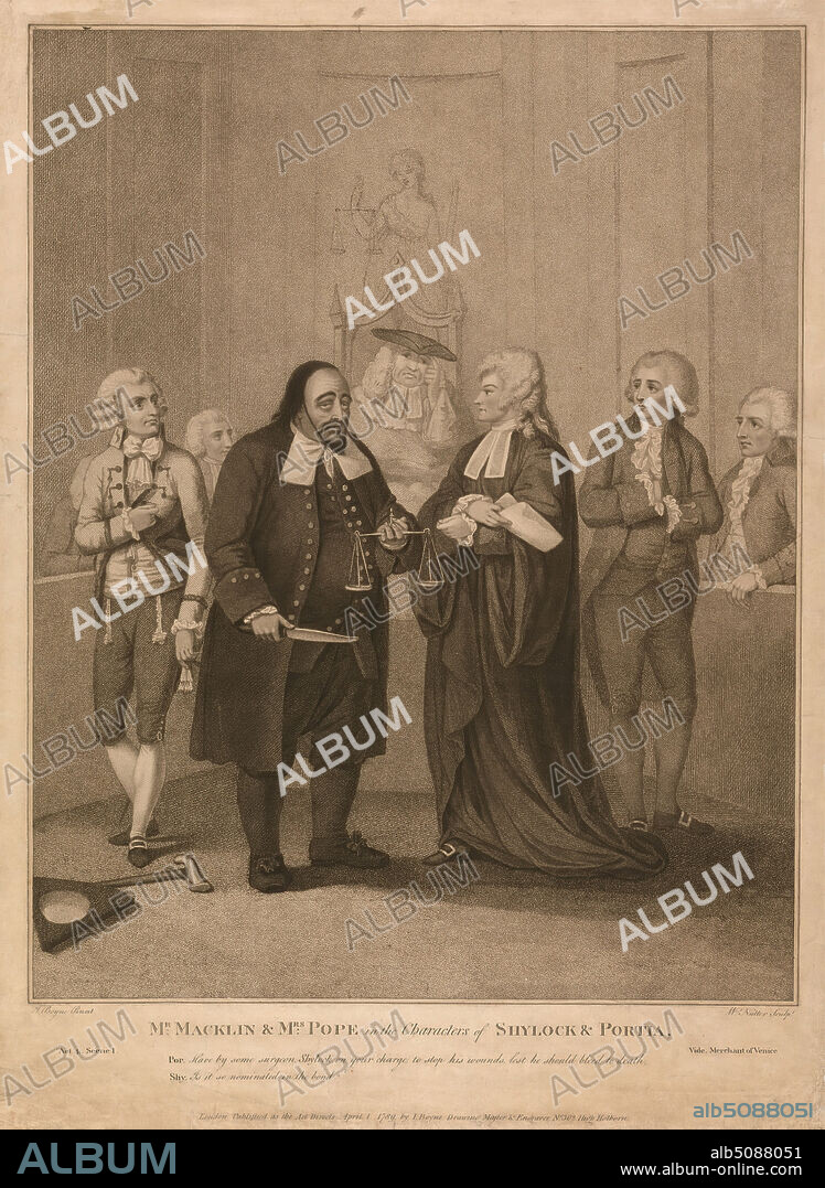 Mr. Macklin and Mrs. Pope in the Characters of Shylock and Portia, William Nutter, 17541802, British, after John Boyne, ca. 17501810, British, Published by John Boyne, ca. 17501810, British, 1789, Stipple engraving, etching, and line engraving on moderately thick, moderately textured, beige laid paper, Sheet: 22 1/16 x 16 1/4 inches (56.1 x 41.2 cm) and Image: 19 x 15 inches (48.3 x 38.1 cm), bench, breeches, cane, coats, costume, court (judicial body), courtroom, cuffs (costume components), gesture, judge, knife, literary theme, men, paper (document genre), plays by William Shakespeare, relief, robes, ruffles, scale (weighing device), talking, tassels, The Merchant of Venice, Act IV, Scene I, tricornes, waistcoats, wigs, woman.
