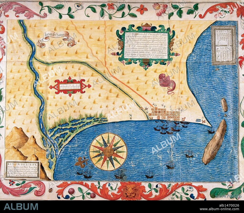 PERU. Port of El Callao, work of the cosmographer Lucas de Quirós, dated 1631. Library of the Royal Palace (National Heritage). Madrid.