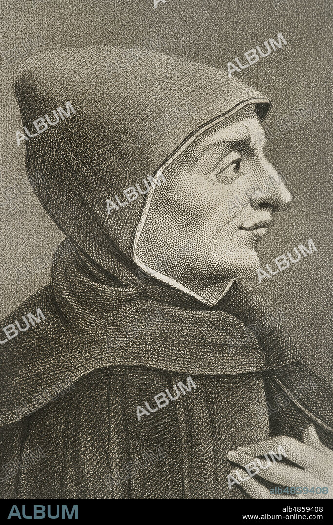 Girolamo Savonarola (1452-1498). Fraile dominico ascético y predicador italiano. Organizador de la hoguera de las vanidades. Excomulgado y ejecutado por el Tribunal de la Santa Inquisición. Retrato. Grabado. Detalle. Historia de las persecuciones políticas y religiosas en Europa. Tomo II. Editado en Barcelona, 1864.